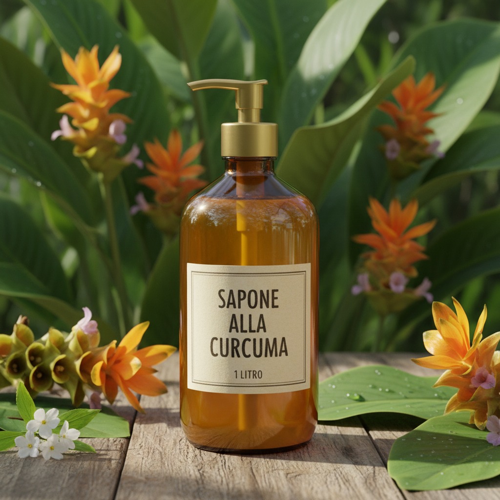 Flacone di sapone alla curcuma da un litro con erogatore dorato, posizionato su un tavolo di legno circondato da fiori e foglie tropicali.