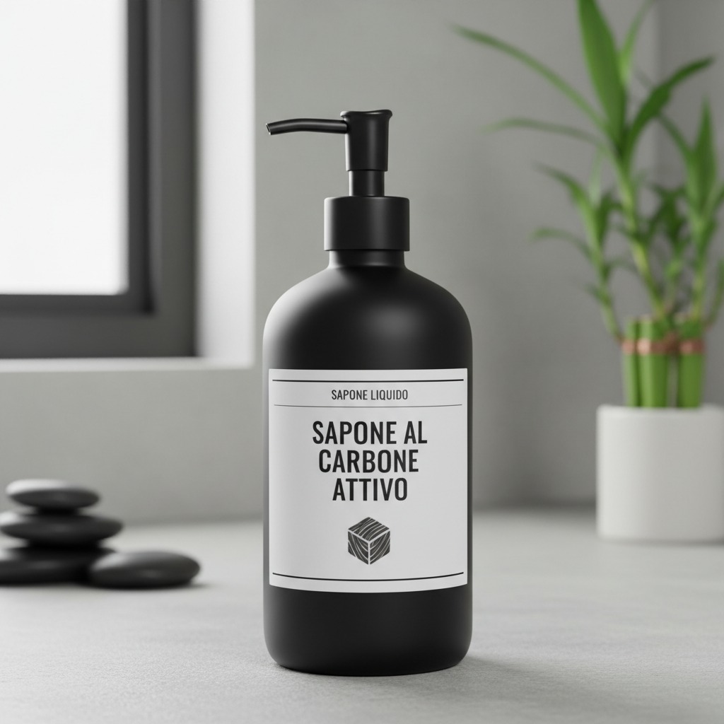 Un flacone di sapone liquido nero opaco con un erogatore a pompetta si trova su una superficie grigia in un bagno moderno.