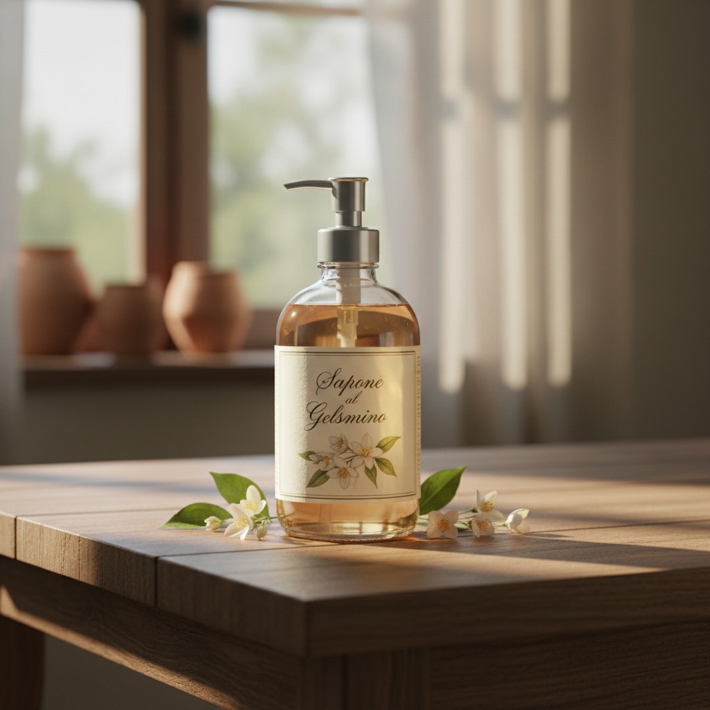 Un flacone di sapone liquido con erogatore a pompa è poggiato su un tavolo in legno, circondato da piccoli fiori bianchi.