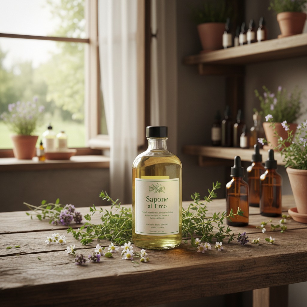 Una bottiglia di sapone al timo con flaconi contagocce e rametti di erbe aromatiche su un tavolo di legno.