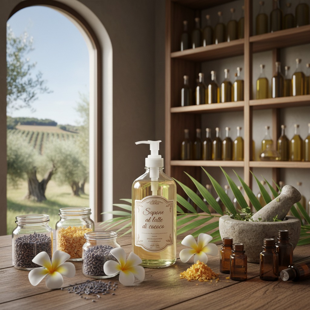 Una bottiglia di sapone liquido con etichetta vintage si trova su un tavolo di legno in una stanza luminosa, circondata da barattoli di ingredienti naturali, fiori bianchi, un mortaio e ripieni di bottiglie sullo sfondo con vista su un paesaggio campestre.