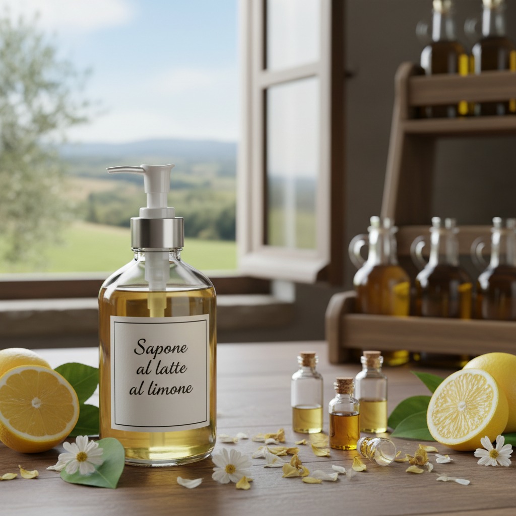 Un flacone di sapone liquido per le mani con etichetta "Sapone al latte al limone" è posizionato su un tavolo in legno insieme a limoni tagliati, piccoli flaconi di oli essenziali e petali di fiori, davanti a una finestra aperta con vista sulla campagna.