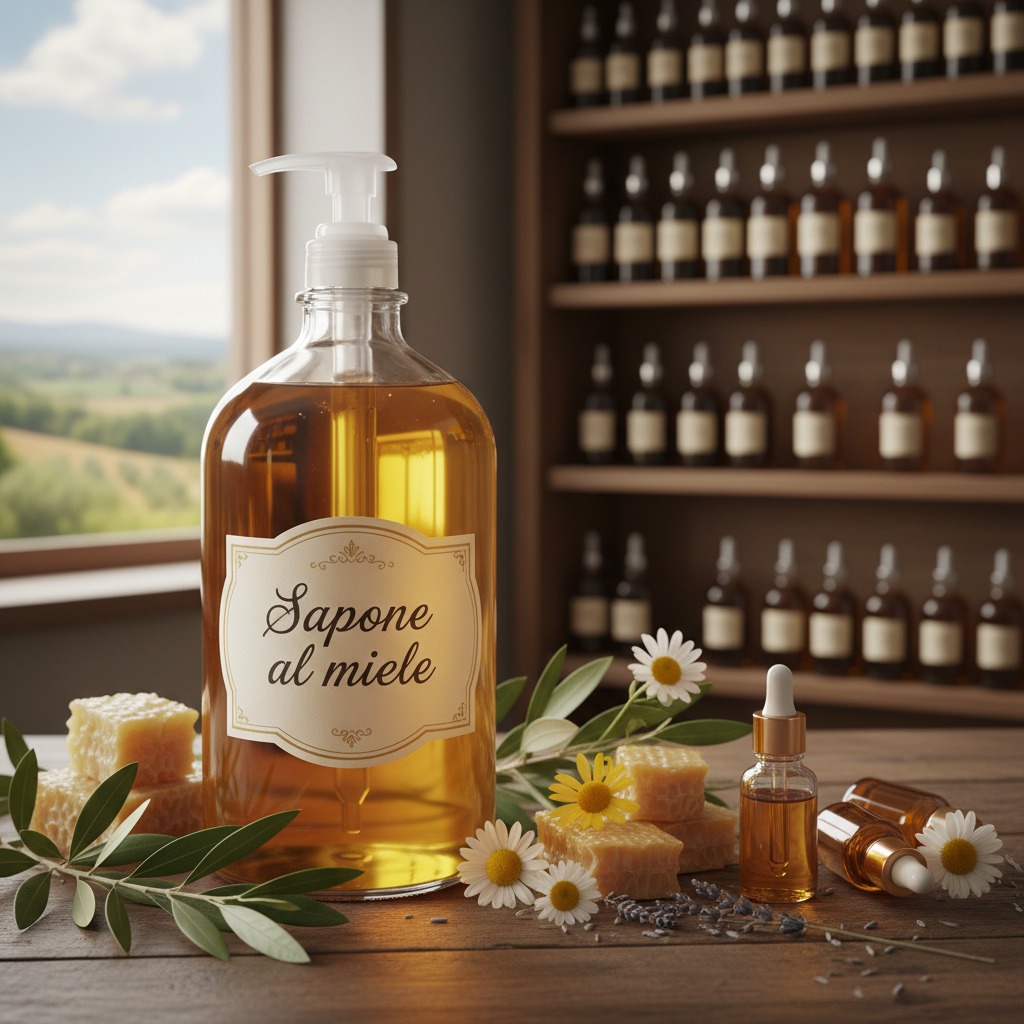 Un grande flacone di vetro con dispenser di sapone al miele è posizionato su un tavolo di legno accanto a pezzetti di favo, fiori di camomilla e rametti d'olivo, con scaffali di boccette sullo sfondo.