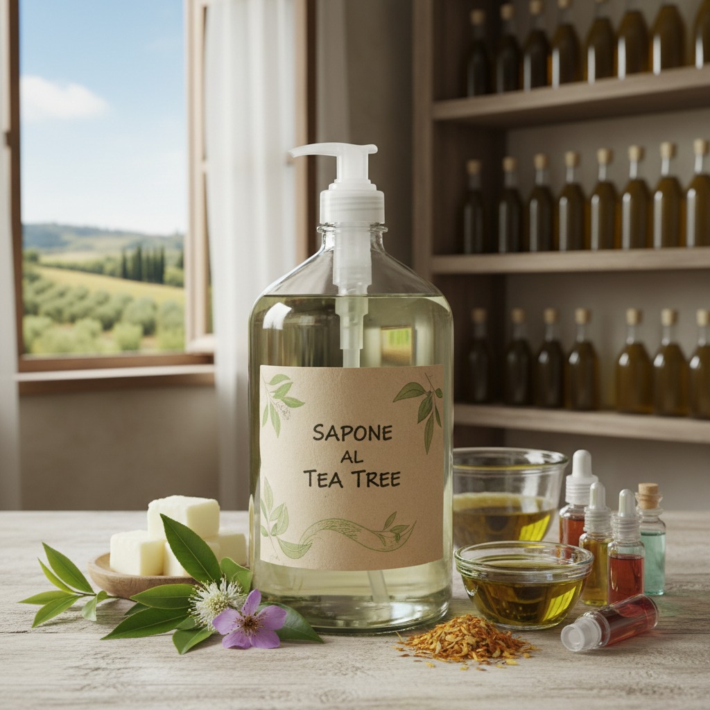 Un grande flacone di sapone liquido al tea tree con etichetta in carta riciclata è posizionato su un tavolo in legno con ingredienti naturali e boccette di oli essenziali sullo sfondo.