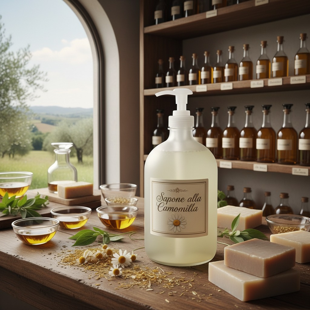 Flacone di sapone liquido con etichetta "Sapone alla Camomilla" posizionato su un tavolo di legno accanto a saponette artigianali, ciotole con oli e fiori di camomilla.