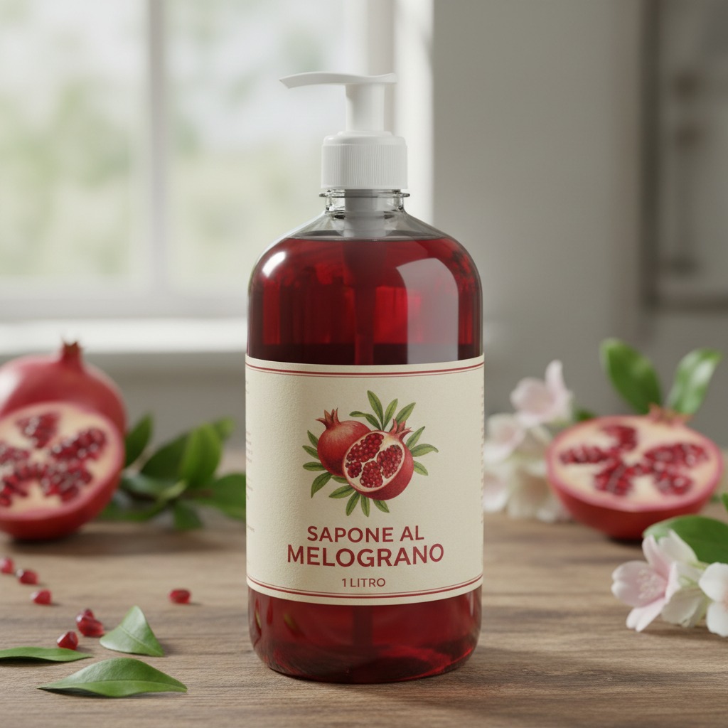 Flacone da un litro di sapone liquido al melograno posizionato su un tavolo di legno, circondato da frutti di melograno e fiori.