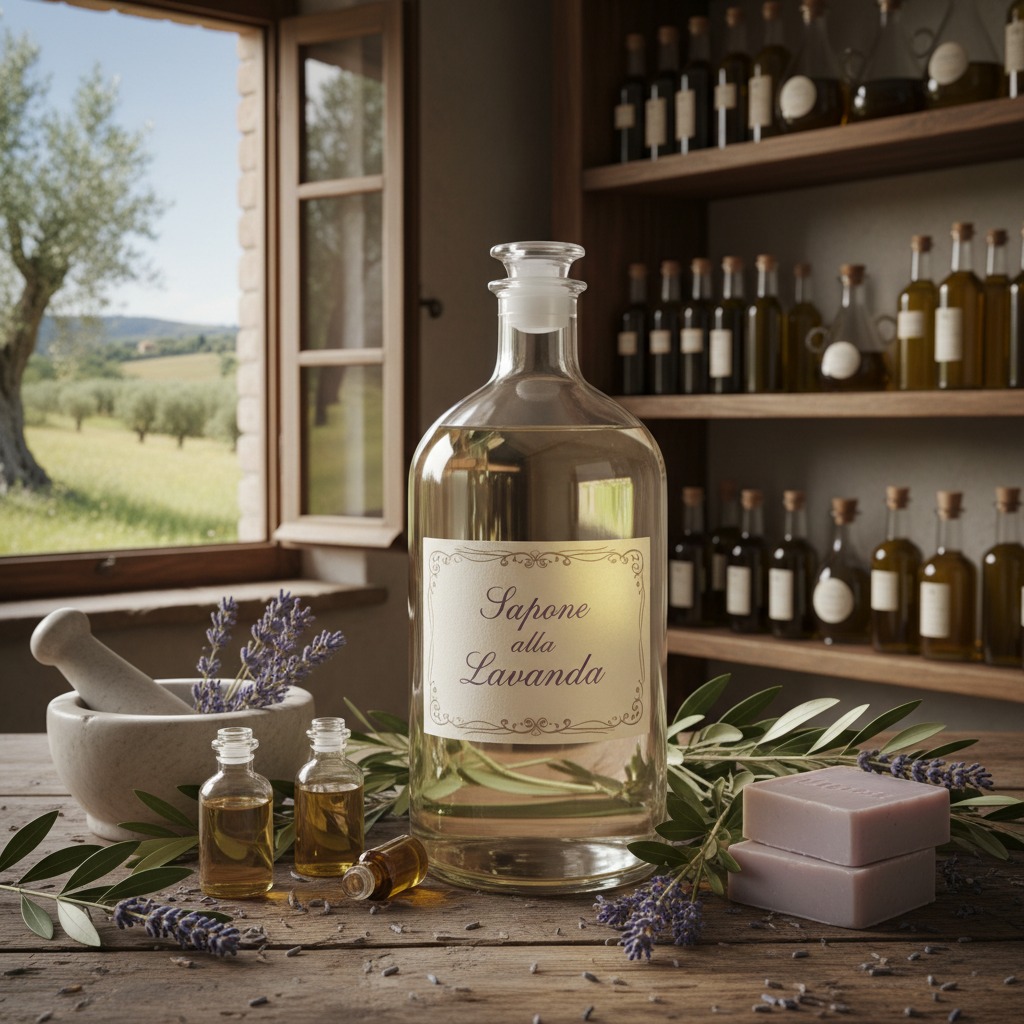 Un grande flacone di vetro etichettato "Sapone alla Lavanda" si trova su un tavolo di legno accanto a saponette, flaconi più piccoli, ramoscelli d'ulivo e fiori di lavanda.