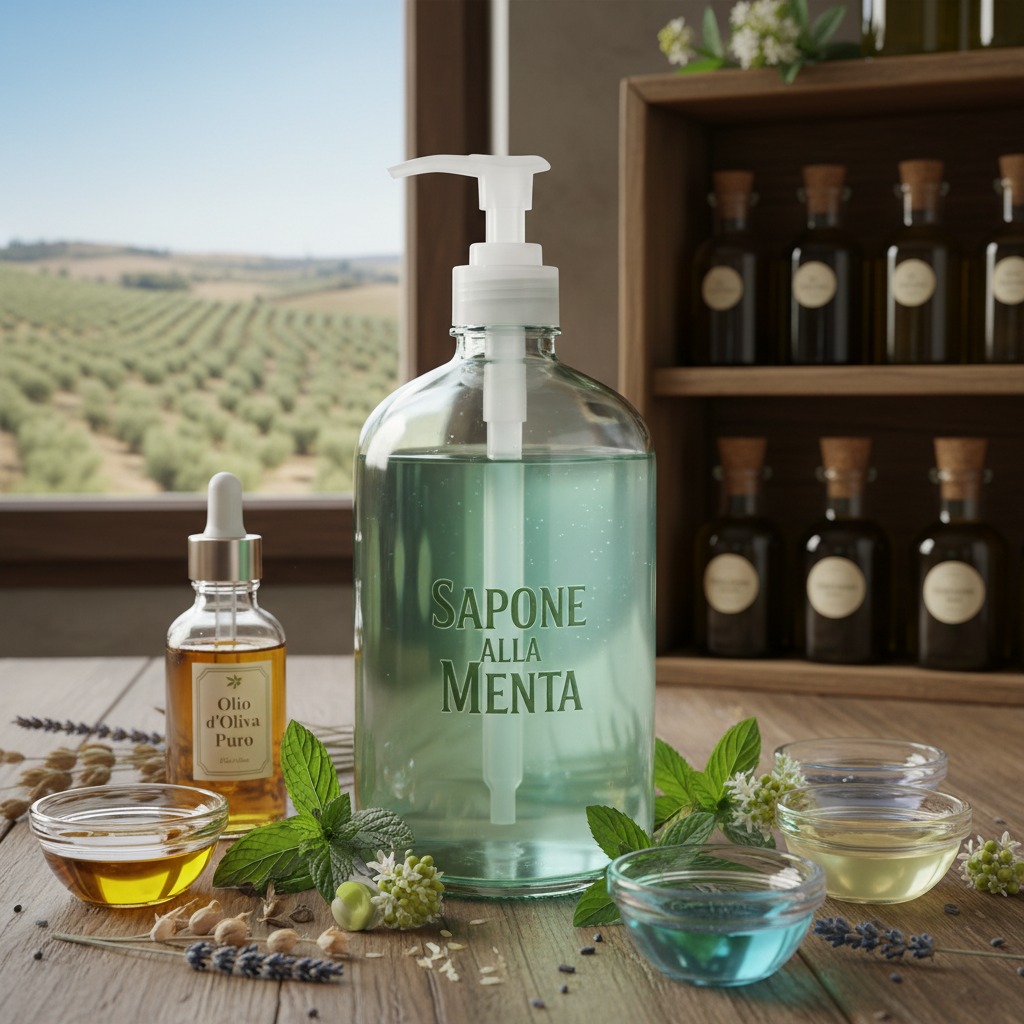 Un flacone di sapone liquido alla menta con dispenser è posizionato su un tavolo in legno insieme a boccette di olio, ciotole di liquidi e rametti di menta.