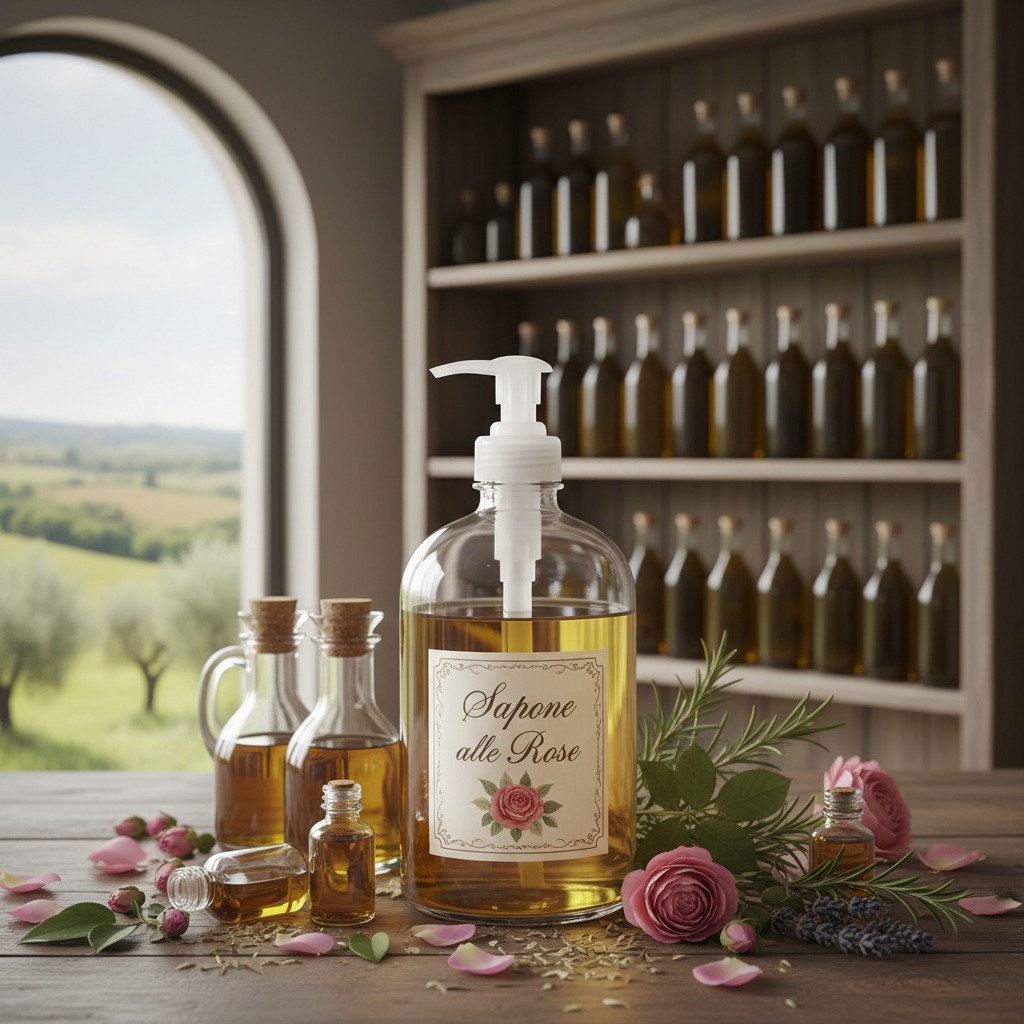 Un flacone di vetro con dispenser di sapone liquido alle rose si trova su un tavolo di legno, con boccette di olio e fiori freschi accanto e scaffali con bottiglie sullo sfondo.