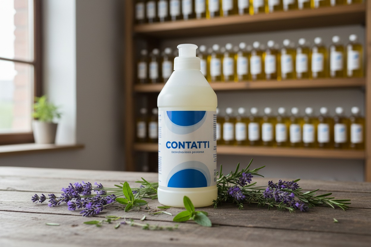 Una grande bottiglia di detergente Contatti con etichetta blu e bianca è poggiata su un tavolo di legno accanto a rametti di lavanda ed erbe aromatiche.