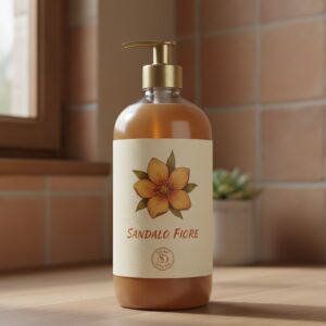 Flacone di sapone liquido con erogatore dorato ed etichetta illustrata con un fiore su un piano in legno.