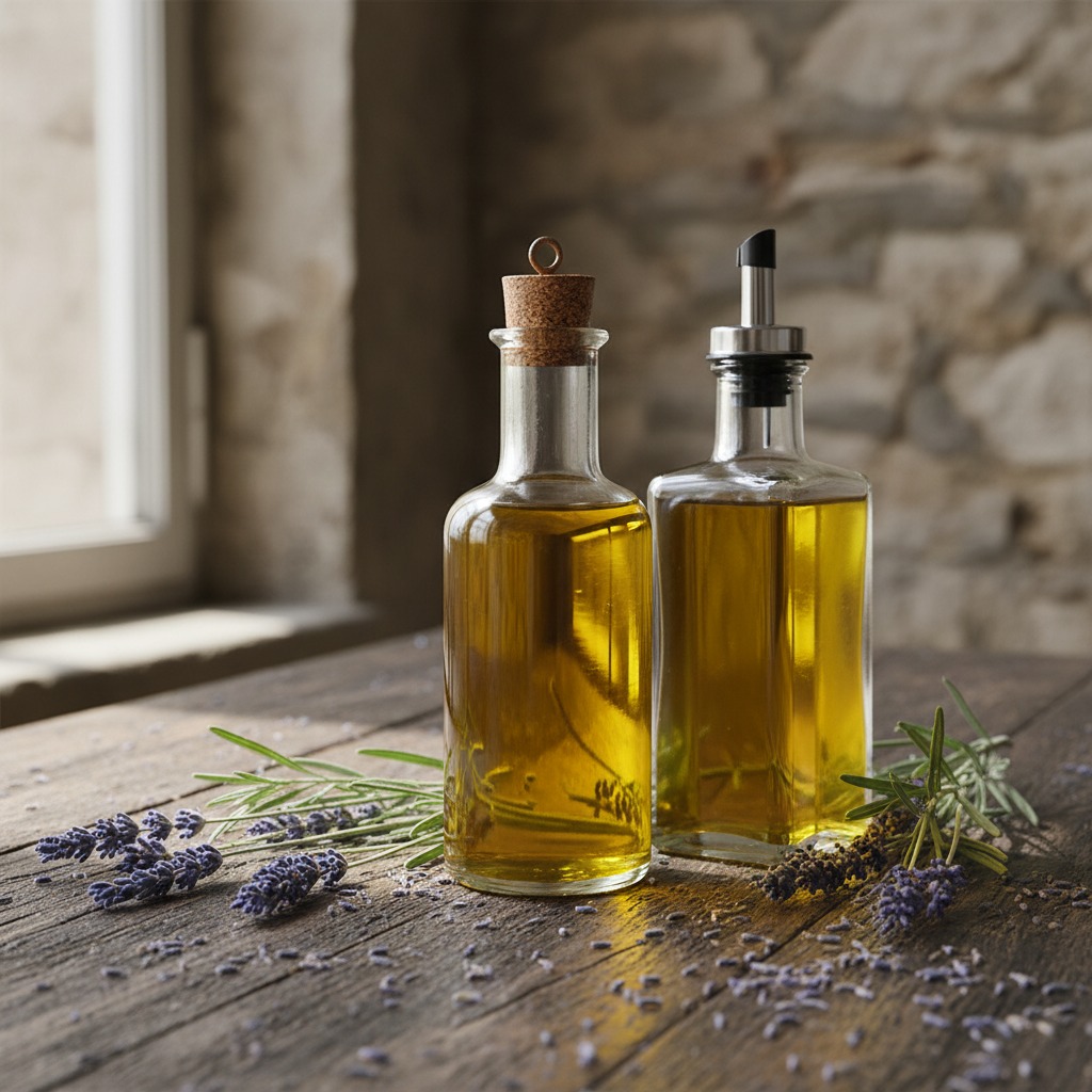 Due bottiglie di olio dorato su un tavolo di legno rustico, circondate da rametti di lavanda.