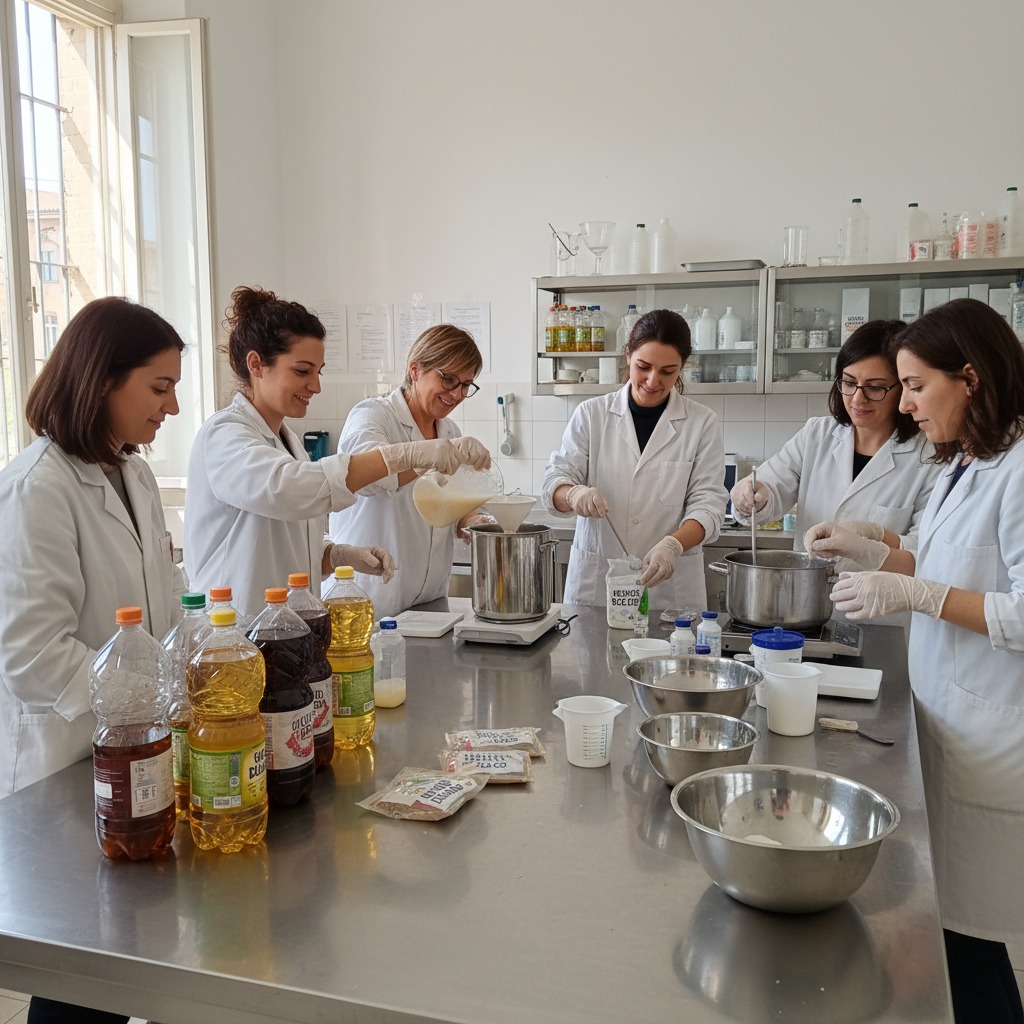 Sei ricercatrici con il camice bianco lavorano insieme attorno a un grande tavolo in acciaio inossidabile all'interno di un laboratorio.