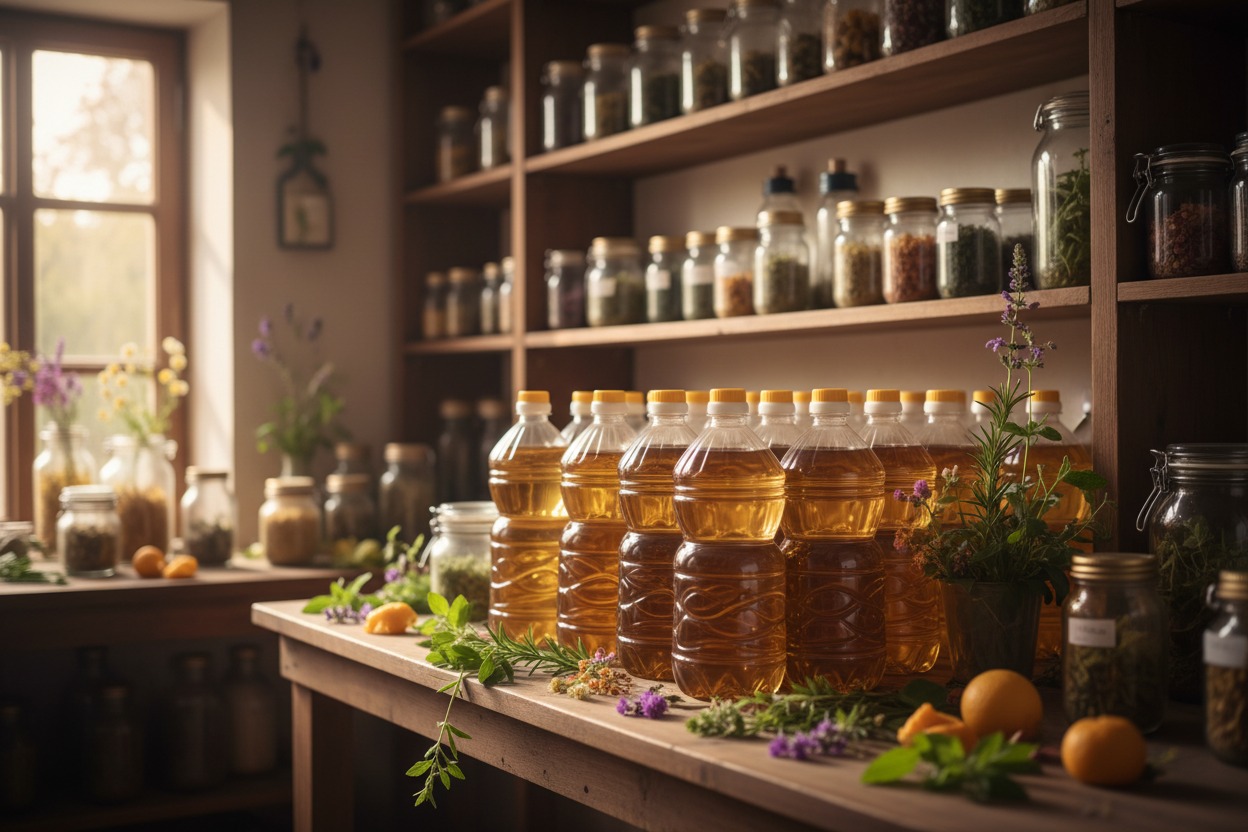 Diverse bottiglie di olio sono disposte su un tavolo di legno in una dispensa illuminata dalla luce della finestra.