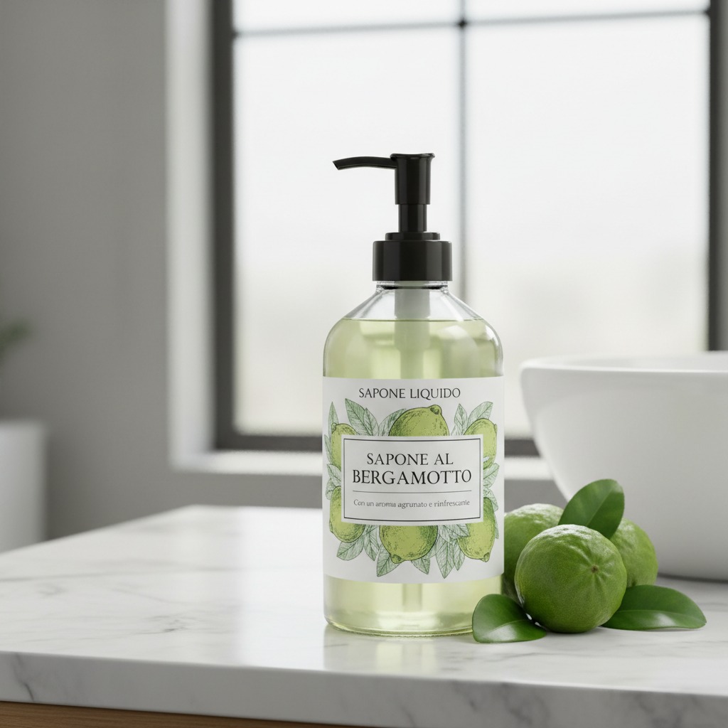 Un flacone di sapone liquido al bergamotto con erogatore nero è posizionato su un ripiano in marmo bianco accanto a dei veri bergamotti.